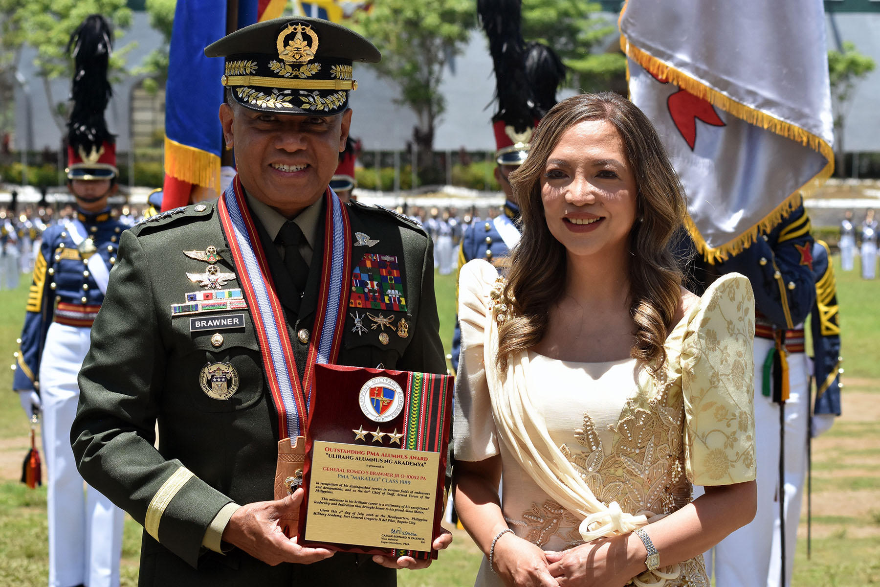 AFP Chief of Staff General Romeo Brawner Jr. is conferred the Outstanding PMA Alumnus Award (Ulirang Alumnus ng Akademiya) in recognition of his distinguished service and exemplary leadership in the AFP. The award was given by PMA Superintendent Vice Admiral Caesar Bernard Valencia during the testimonial parade and review conducted in honor of the retiring AFP Chief of Staff. (RMC PIA-CAR)