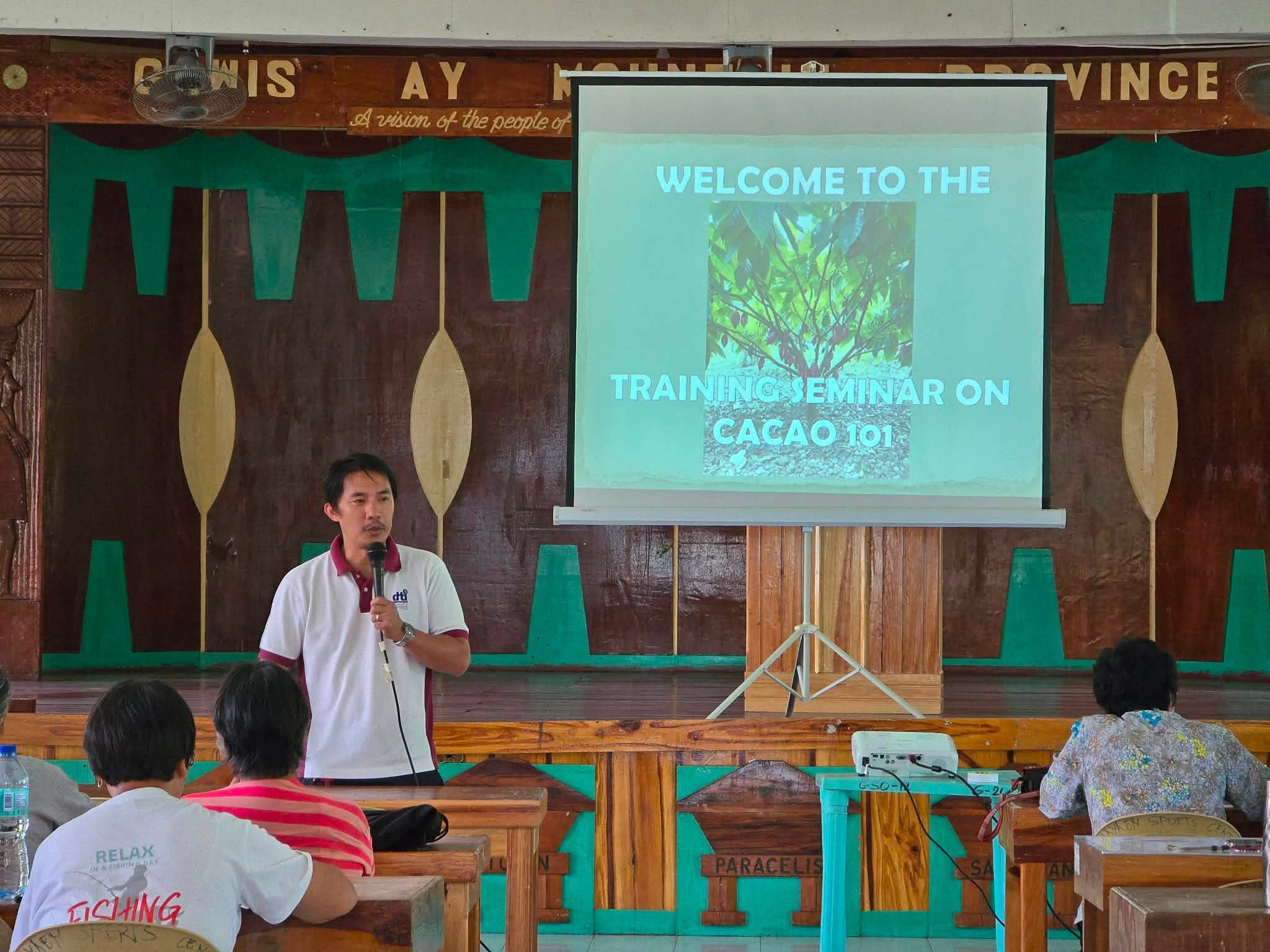 Jones G. Malwagay, Senior Trade and Industry Development Specialist, discusses the fundamentals of cacao nursery and farm establishment during the Cacao 101 Training.