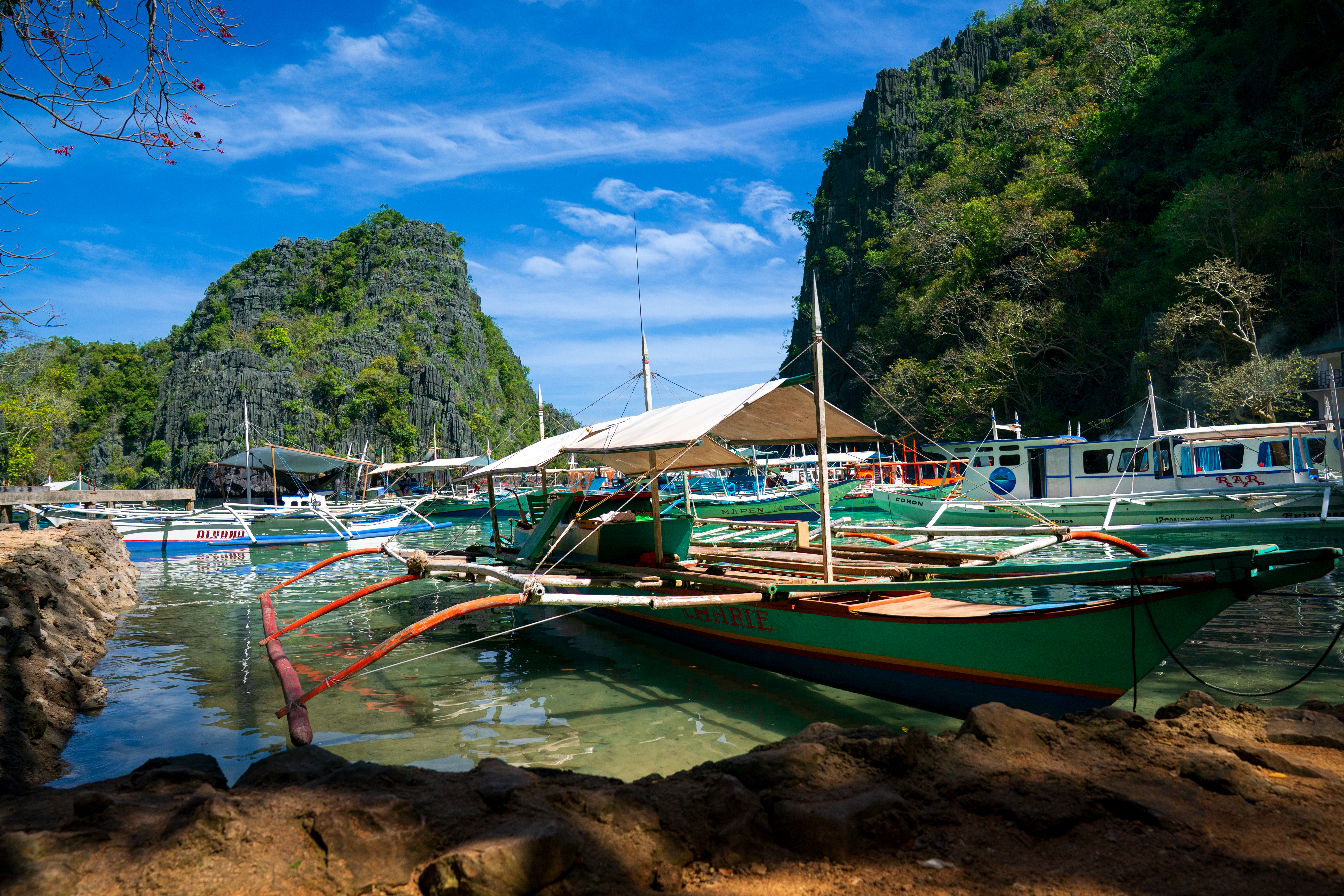 Traditional Bangka Boats Anchored in a Tropical Lagoon in Palawan, Philippines