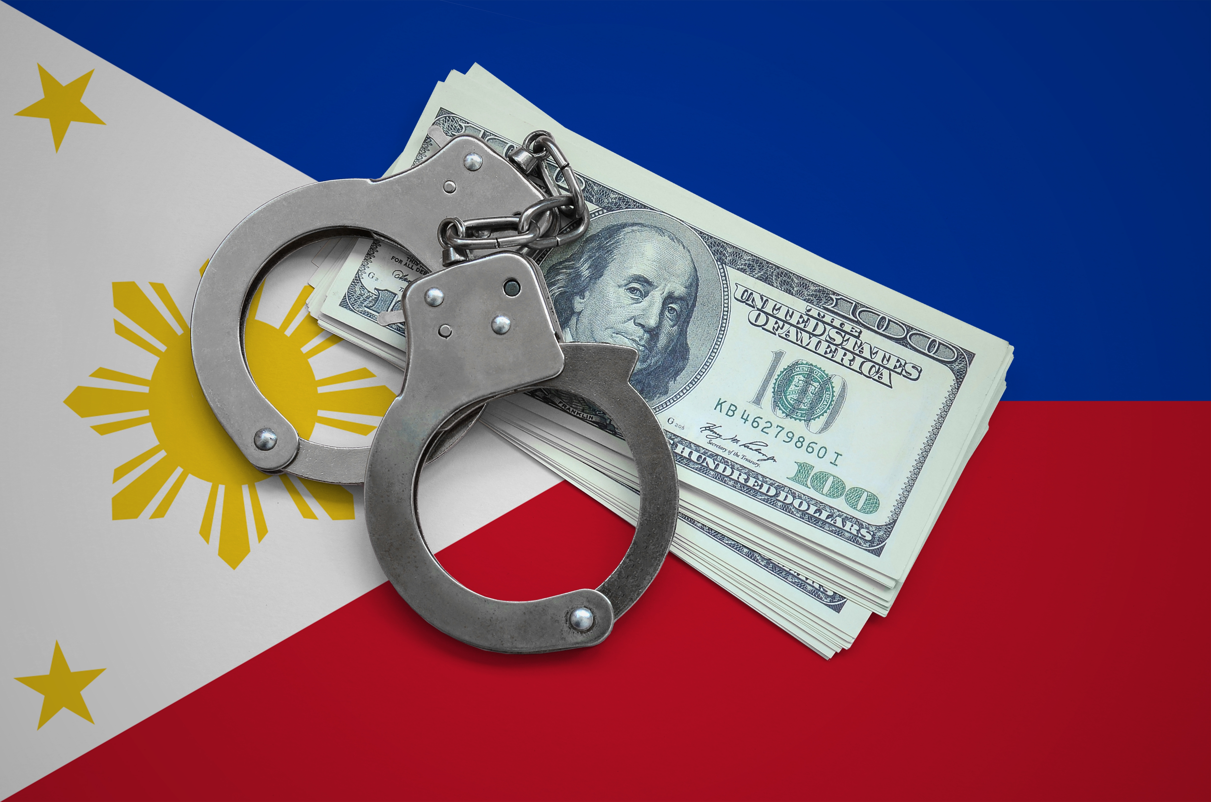 Money, Handcuffs and Flag Depicting Financial Crime