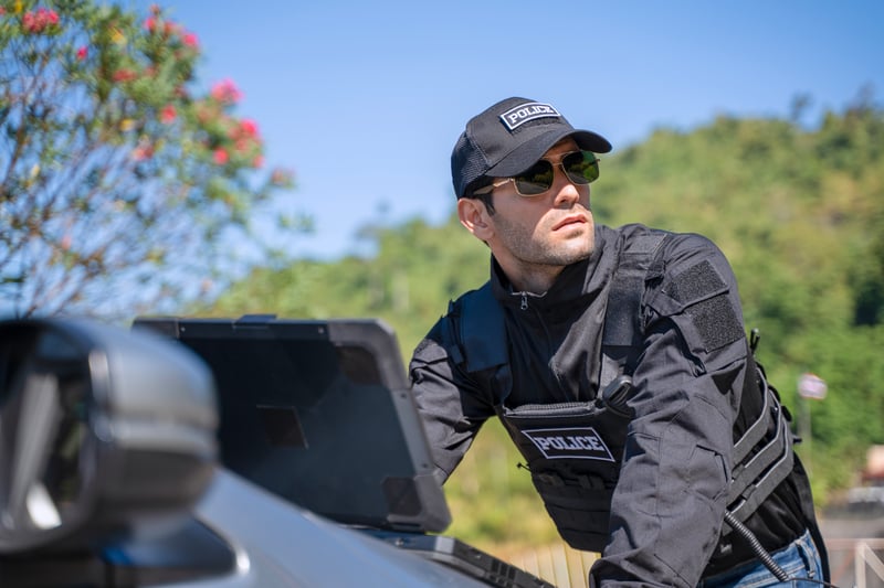 The police officer is working with rugged laptop at the dam.acinar13
