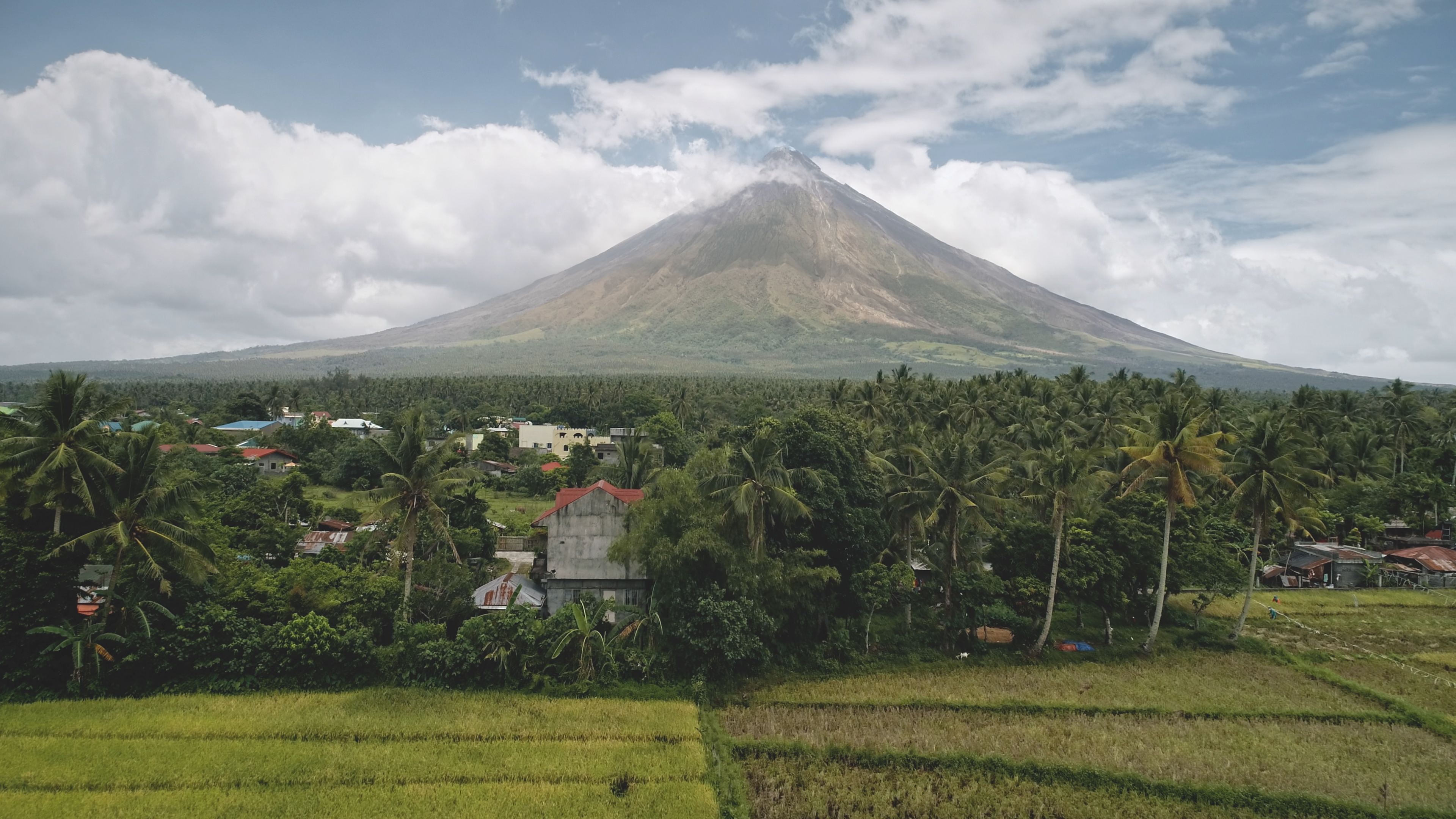 Tropic rural city at palm trees aerial. Mayon volcano countryside with cottages, lodges and fields