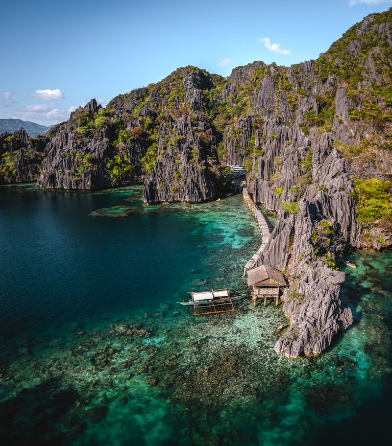 Aerial view of Twin Lagoon turquoise waters with a drone The Philippines Coron