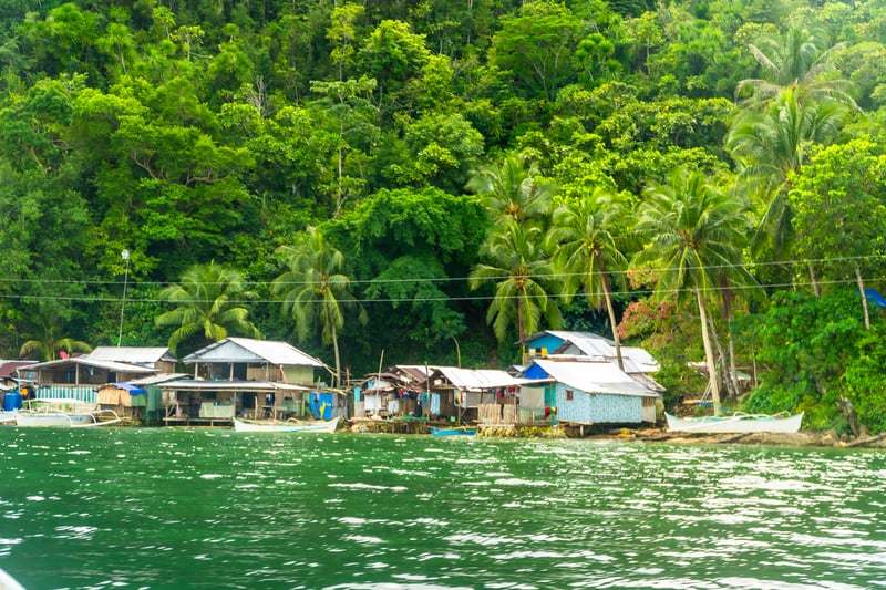 Lush tropical island paradise in siargao, philippines, showing stilt houses and palm trees