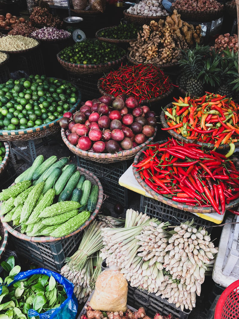 Fresh vegetables for sale at street food market in the old townLifeonwhite
