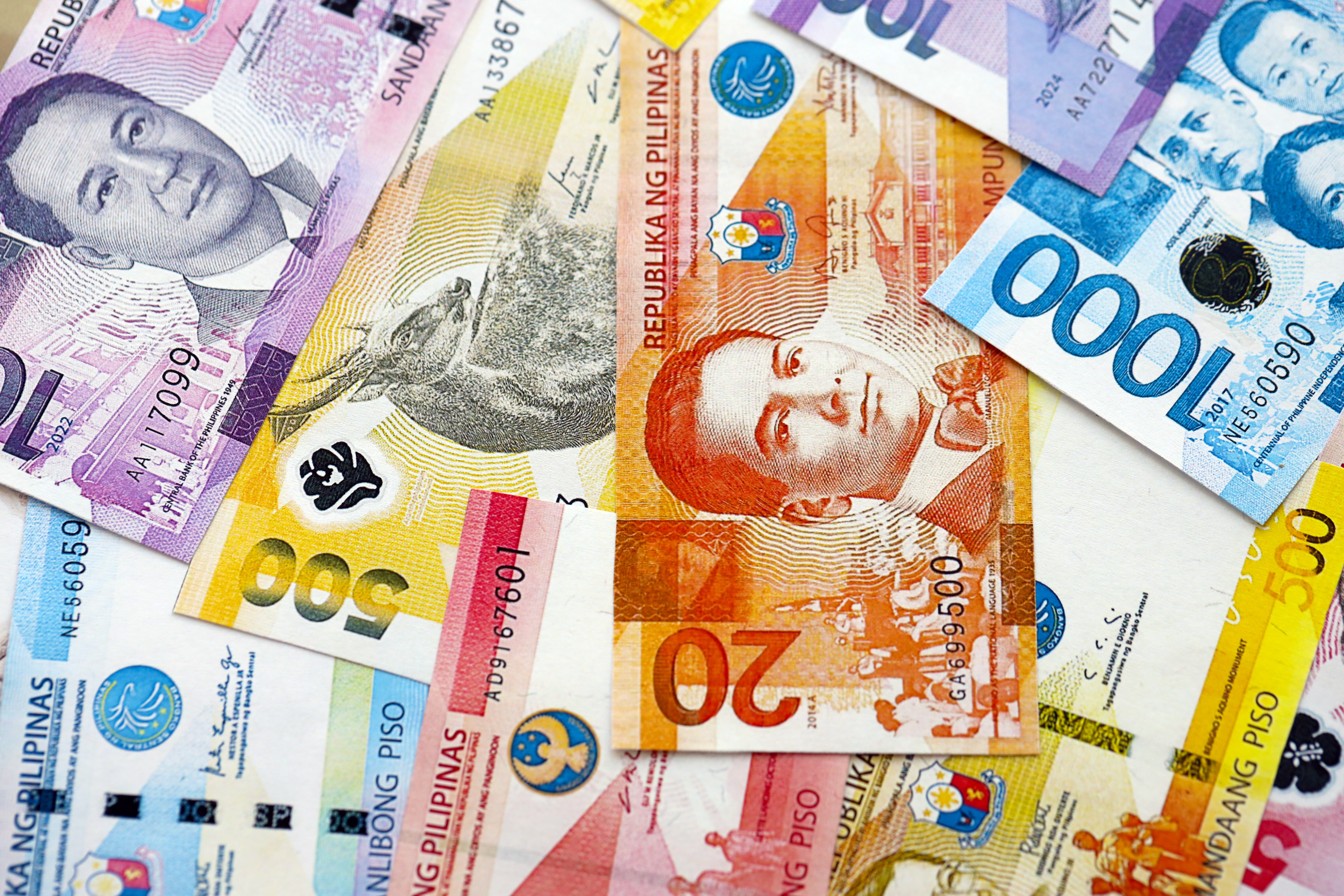 Philippines peso currency money bills. The current banknotes lies on table in big amount