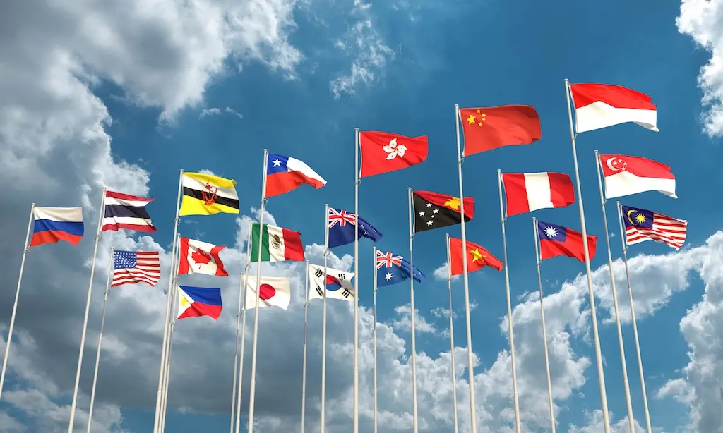 asean flags waving blue sky
