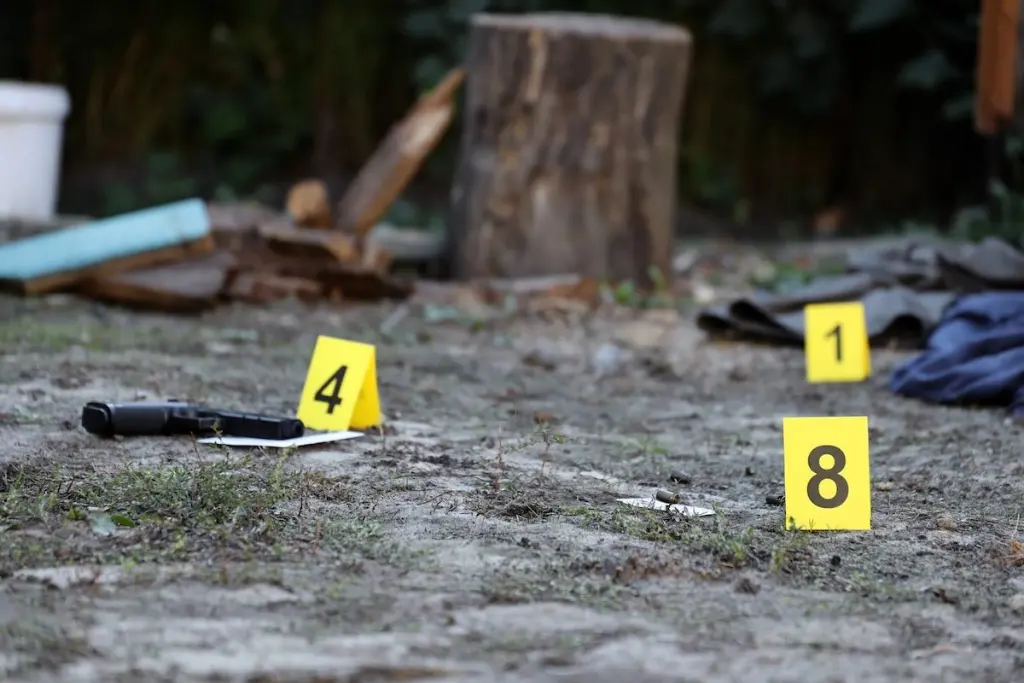 crime scene with gun evidence markers outdoors 2026 03 24 07 47 01 utc