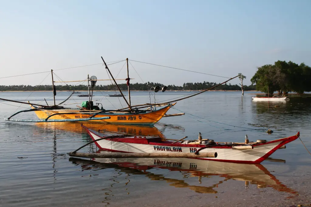Colorful bangka boats moored along a serene Philippine shoreline, depicting traditional Filipino maritime culture.