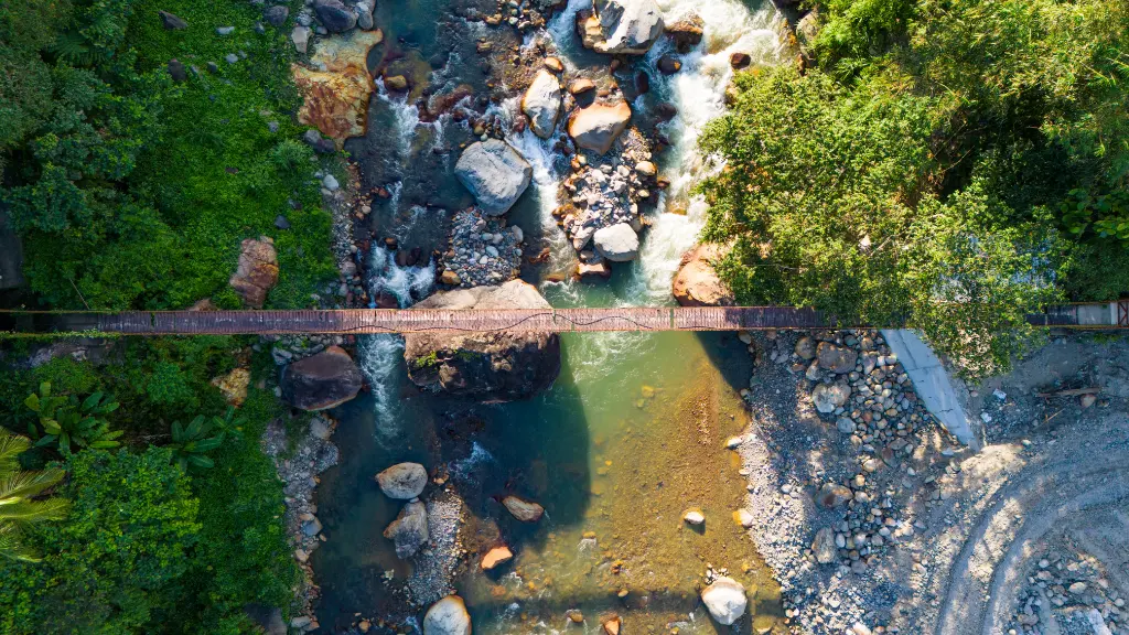 Explore the natural beauty of Cebu City with an aerial view of a flowing river and rustic wooden bridge.