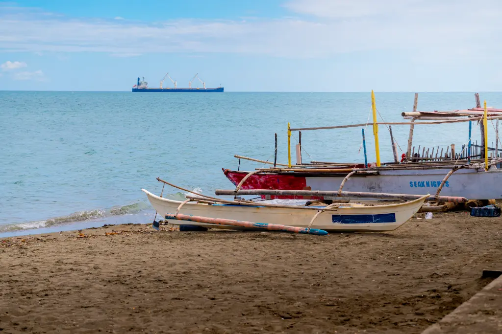 Colorful traditional boats on Talisay beach, Philippines with a cargo ship on the horizon.