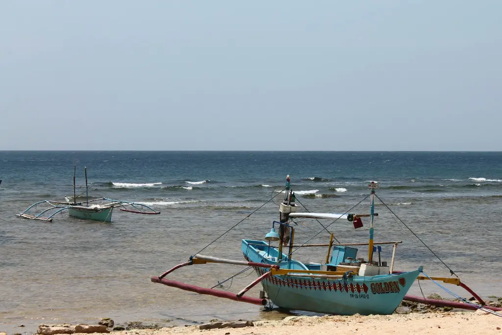 Traditional fishing boats rest on a serene beach in the Philippines, overlooking the calm ocean.