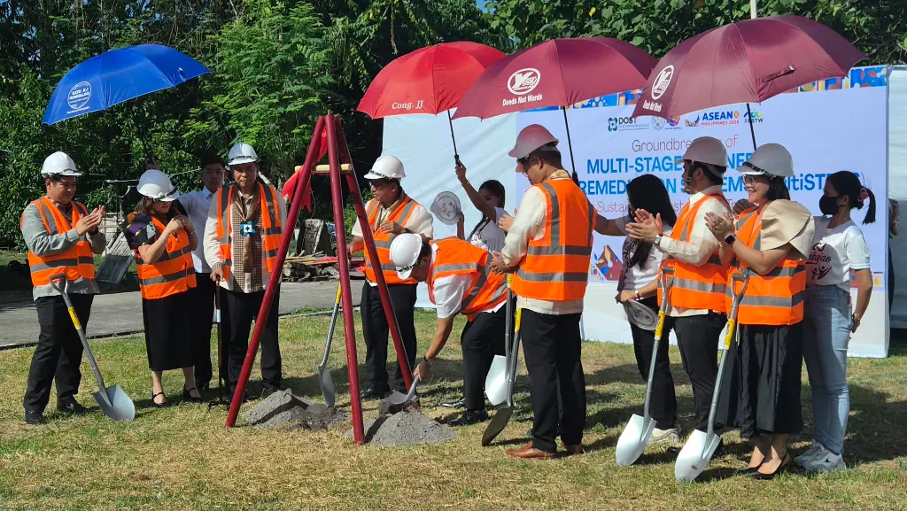 Department of Science and Technology Secretary Renato Solidum Jr., Rep. Jurdin Jesus Romualdo, and Mambajao Mayor Yñigo Jesus Romualdo lead the groundbreaking ceremony for the Multi-Stage Engineered Phytoremediation Systems for Sustainable Wastewater Treatment in Sitio Balintawak, Poblacion, Mambajao, during the 2026 Regional Science, Technology, and Innovation Week. (Photo: RTP/PIA-10/Camiguin) Multi-STEPS groundbreaking(1)
