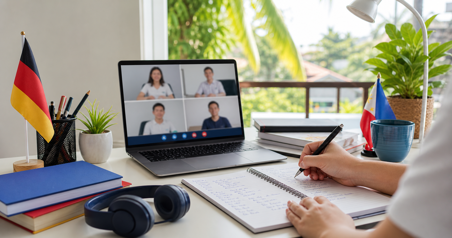 Online-Sprachunterricht mit Laptop, Notizen und Lernmaterialien
