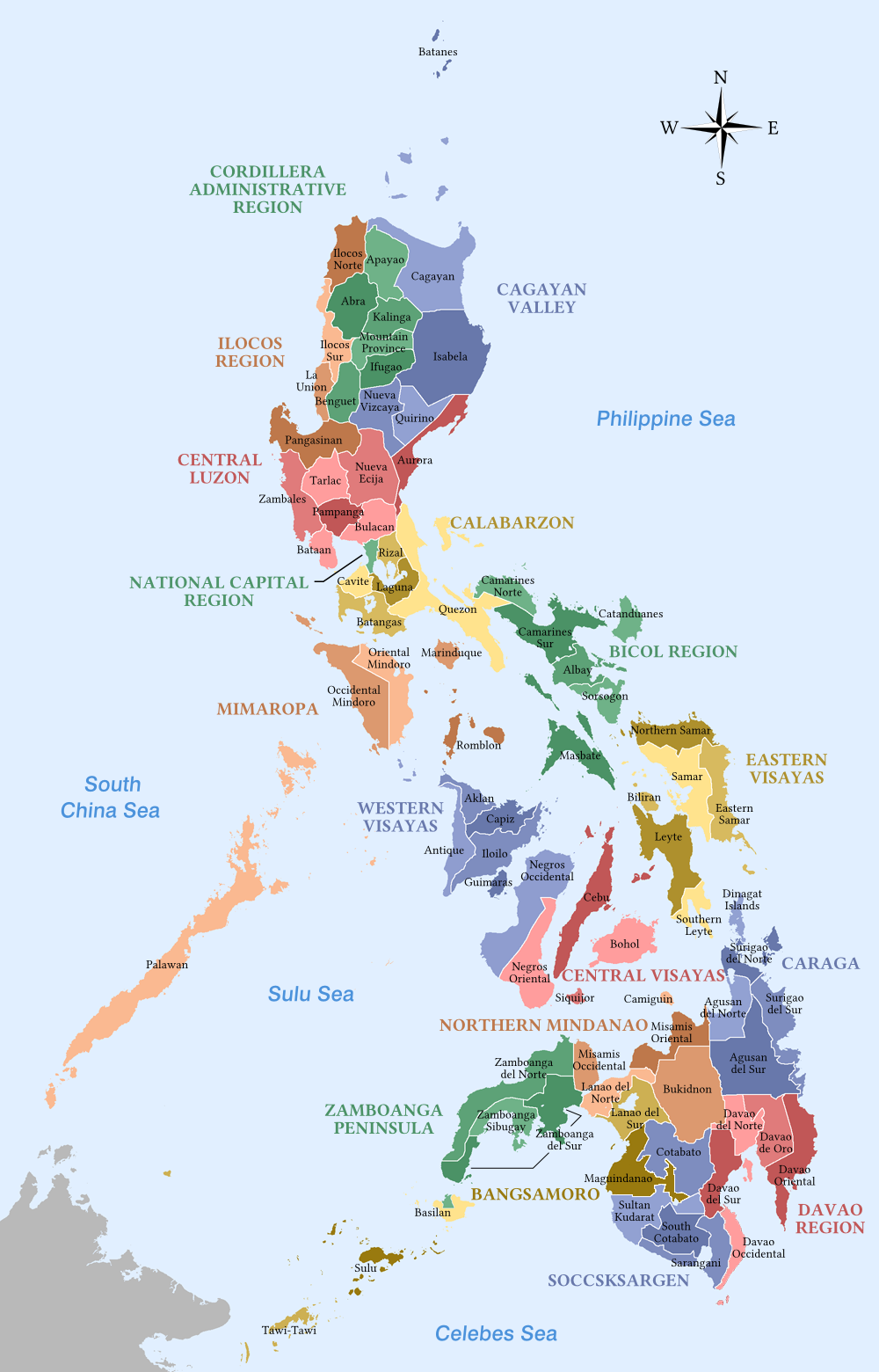 Karte der Philippinen mit eingezeichneten Provinzen und Subregionen
