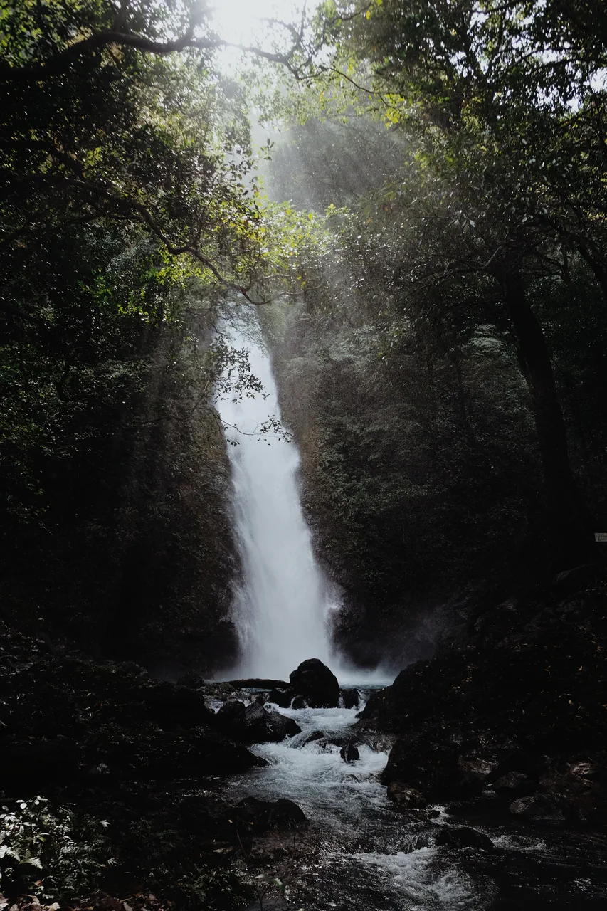 Kabigan Falls zwischen dicht bewachsenen Felswänden mit Wasserlauf und dunklen Felsen im Vordergrund
