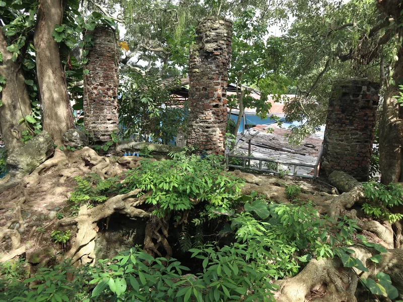 Gemauerte Überreste der Horno Ruins zwischen Bäumen und Wurzeln in Tuguegarao