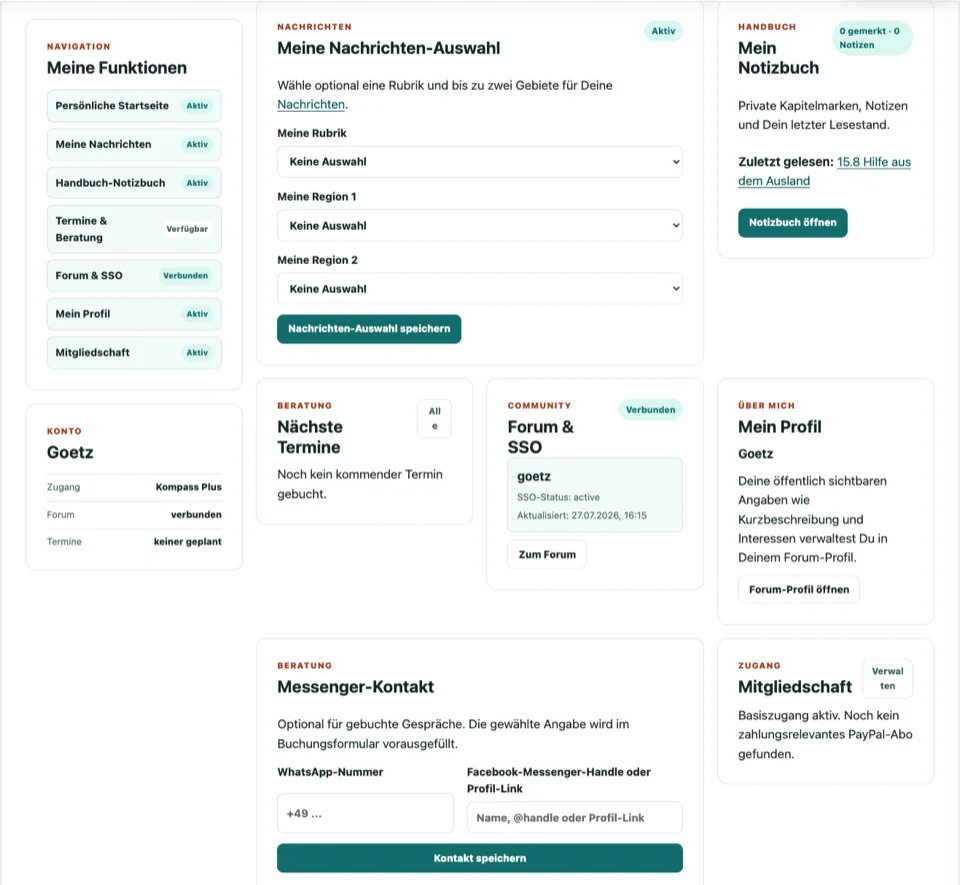 Vorschau des persönlichen Mitgliederbereichs Mein Cockpit mit Nachrichten-Auswahl, Notizbuch, Terminen, Forum und Mitgliedschaft