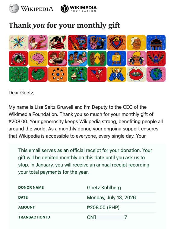 PayPal email receipt for the monthly Wikimedia donation of 208 Philippine pesos dated 13 July 2026