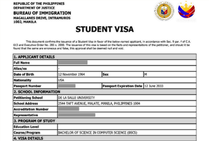 Sample Student Visa document from the Philippine immigration authority